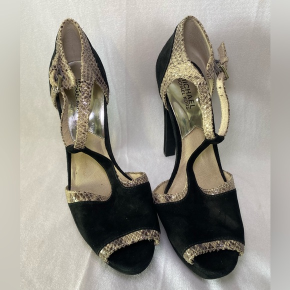 MICHAEL Michael Kors Peep Toe Platform Strappy Heels Black Snakeskin 8.5 - Picture 8 of 8